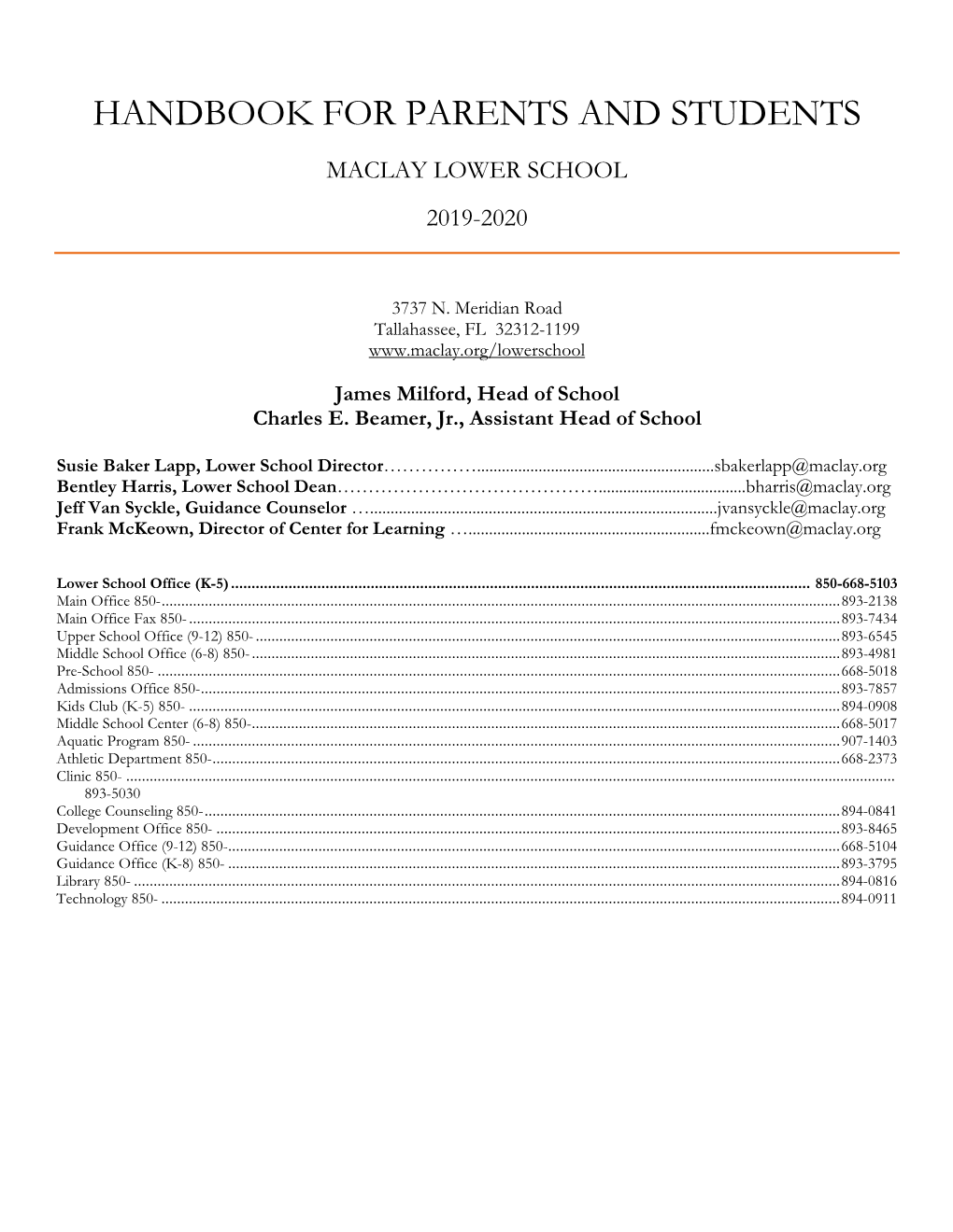 Handbook for Parents and Students Maclay Lower School 2019-2020