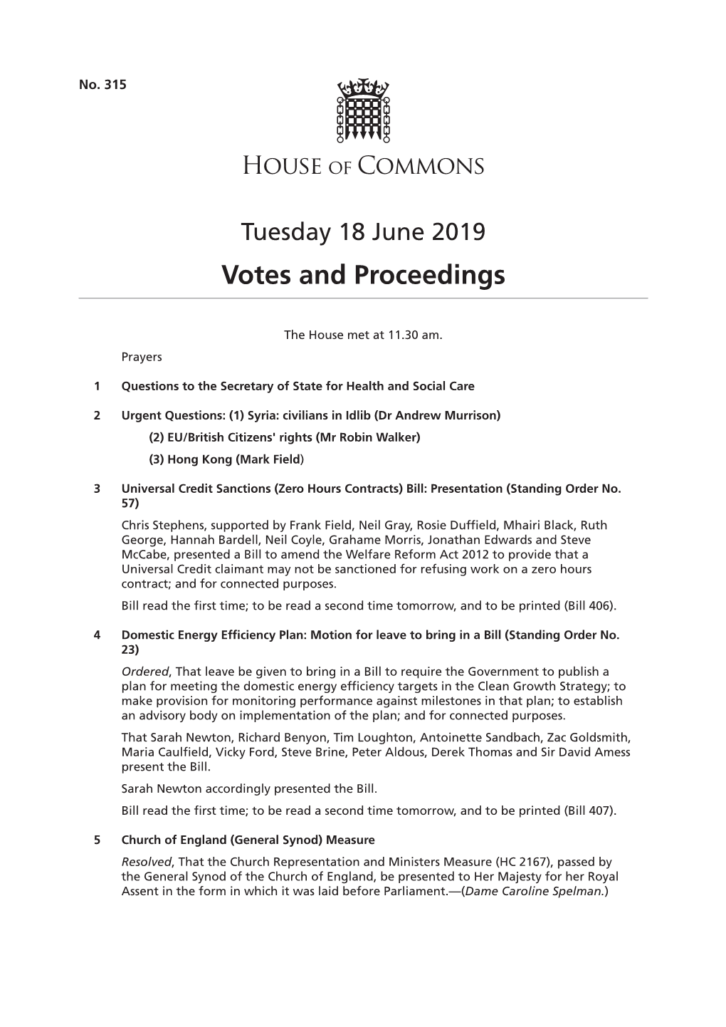 Votes and Proceedings for 18 Jun 2019