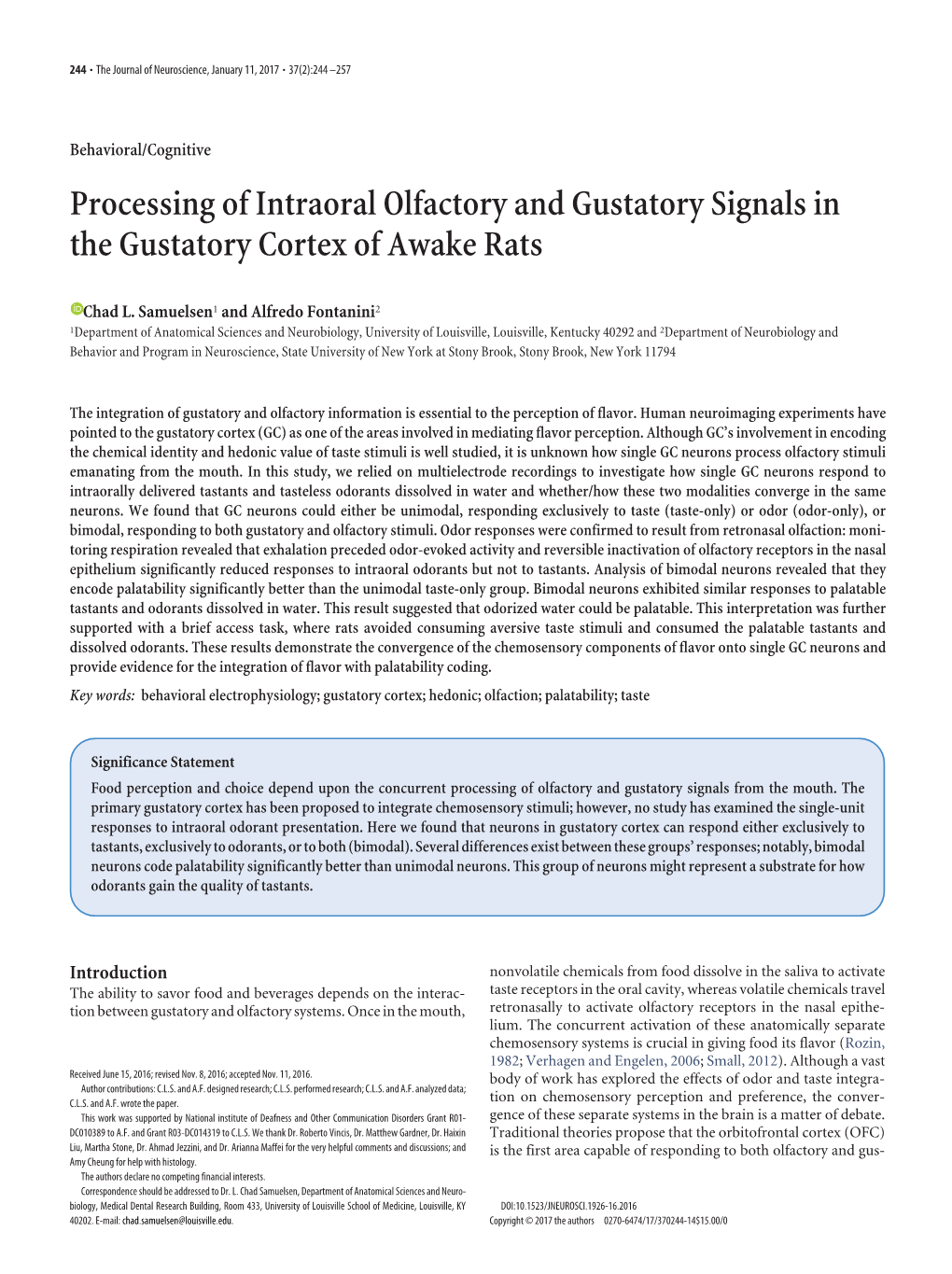 Processing of Intraoral Olfactory and Gustatory Signals in the Gustatory Cortex of Awake Rats