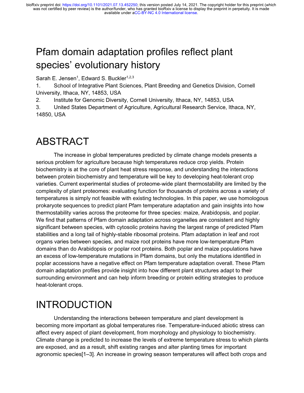 Pfam Domain Adaptation Profiles Reflect Plant Species’ Evolutionary History