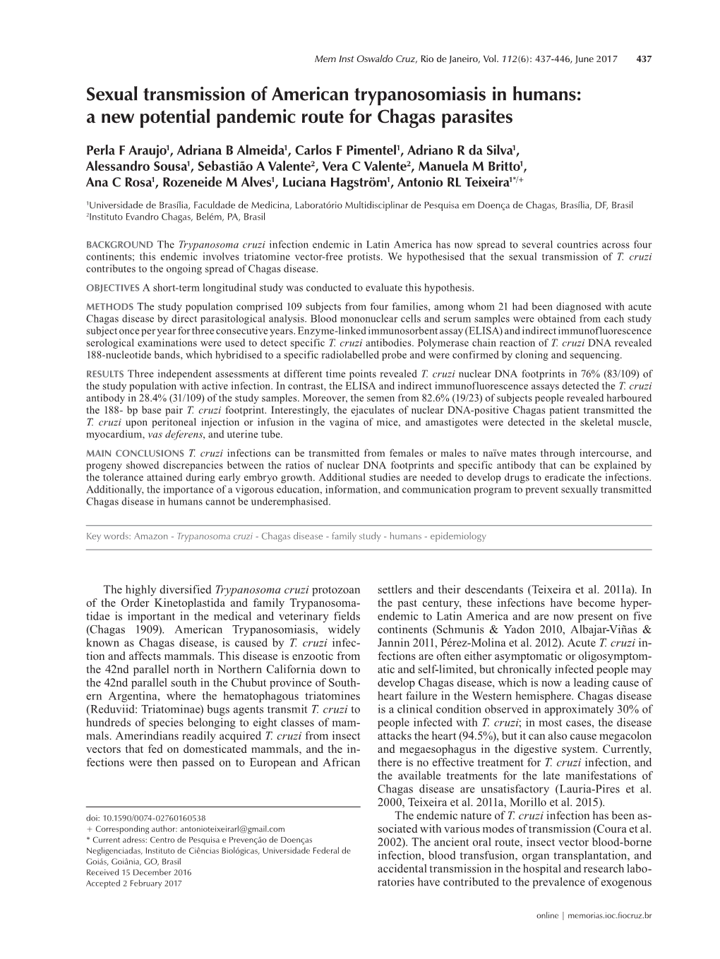 A New Potential Pandemic Route for Chagas Parasites