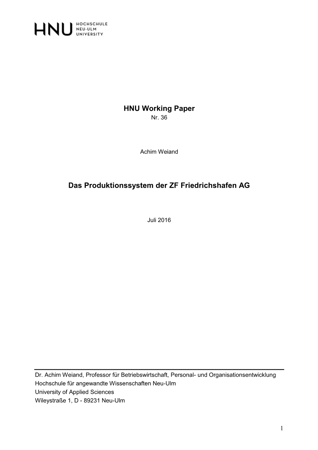 HNU Working Paper Das Produktionssystem Der ZF