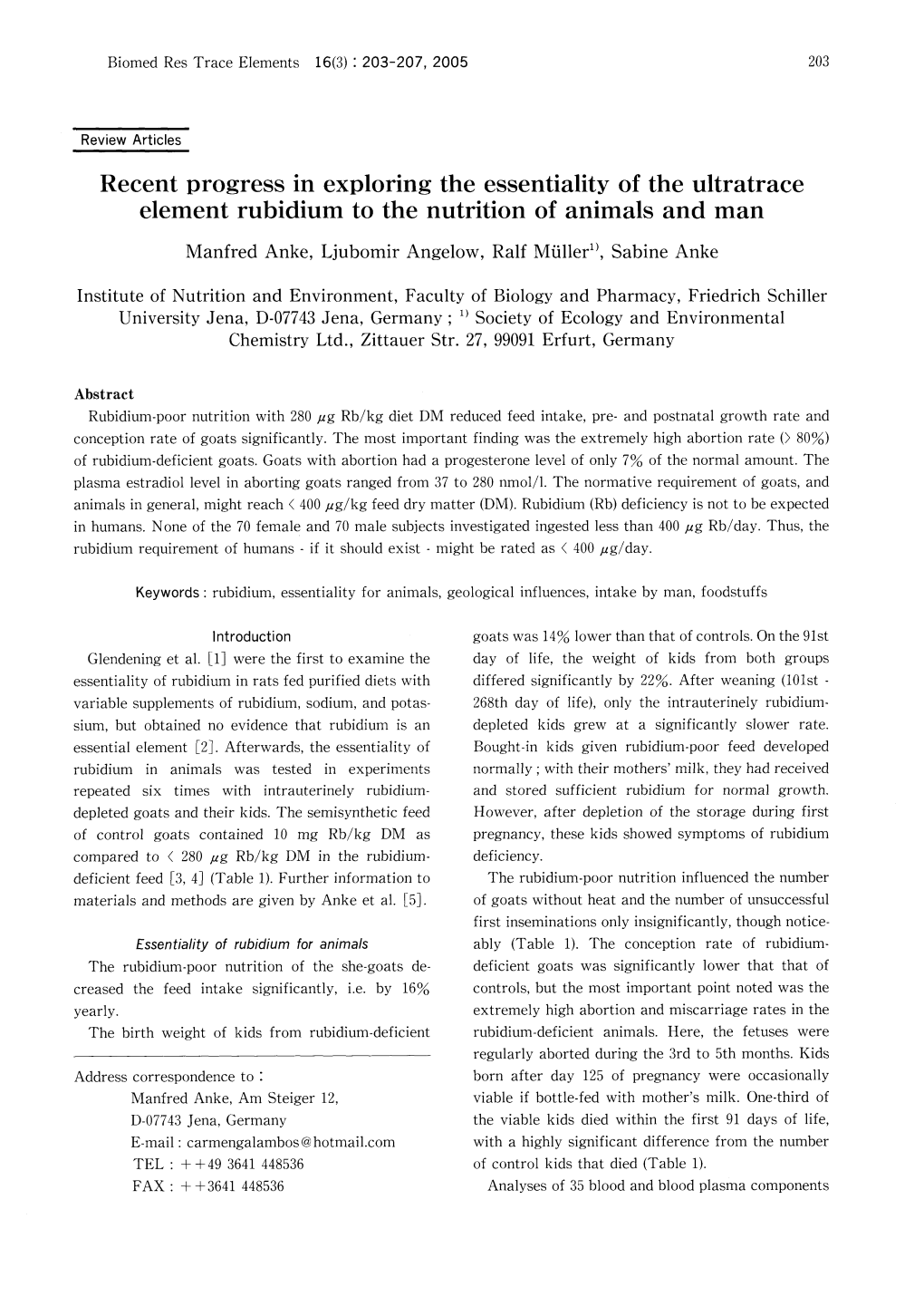 Element Rubidium to the Nutrition of Animals and Man
