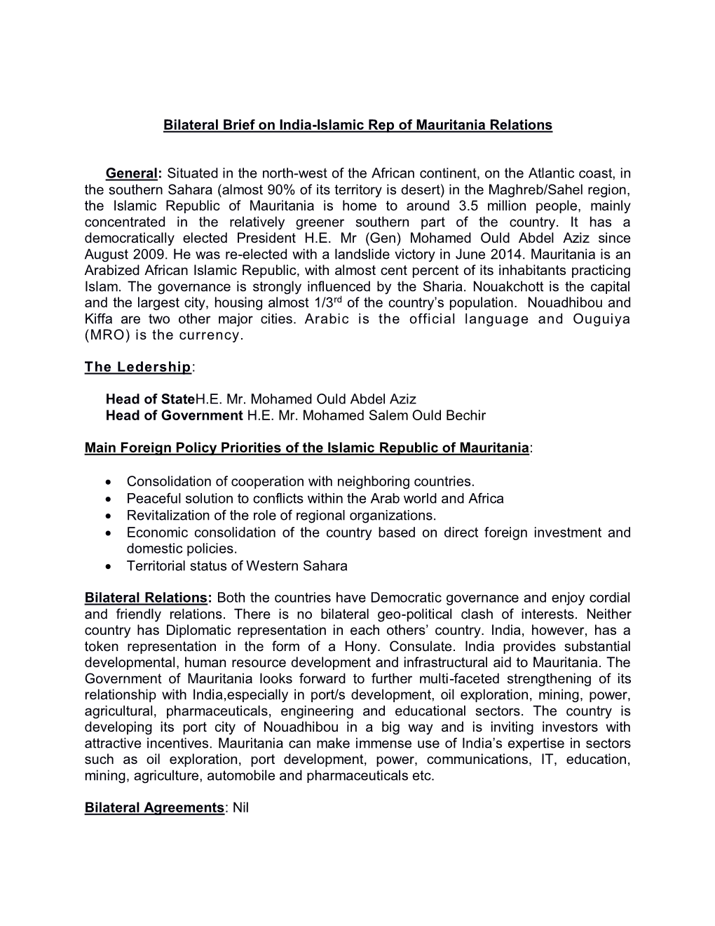 Bilateral Brief on India-Islamic Rep of Mauritania Relations General