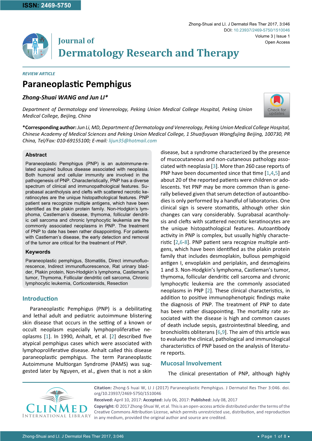 Paraneoplastic Pemphigus Zhong-Shuai WANG and Jun LI*