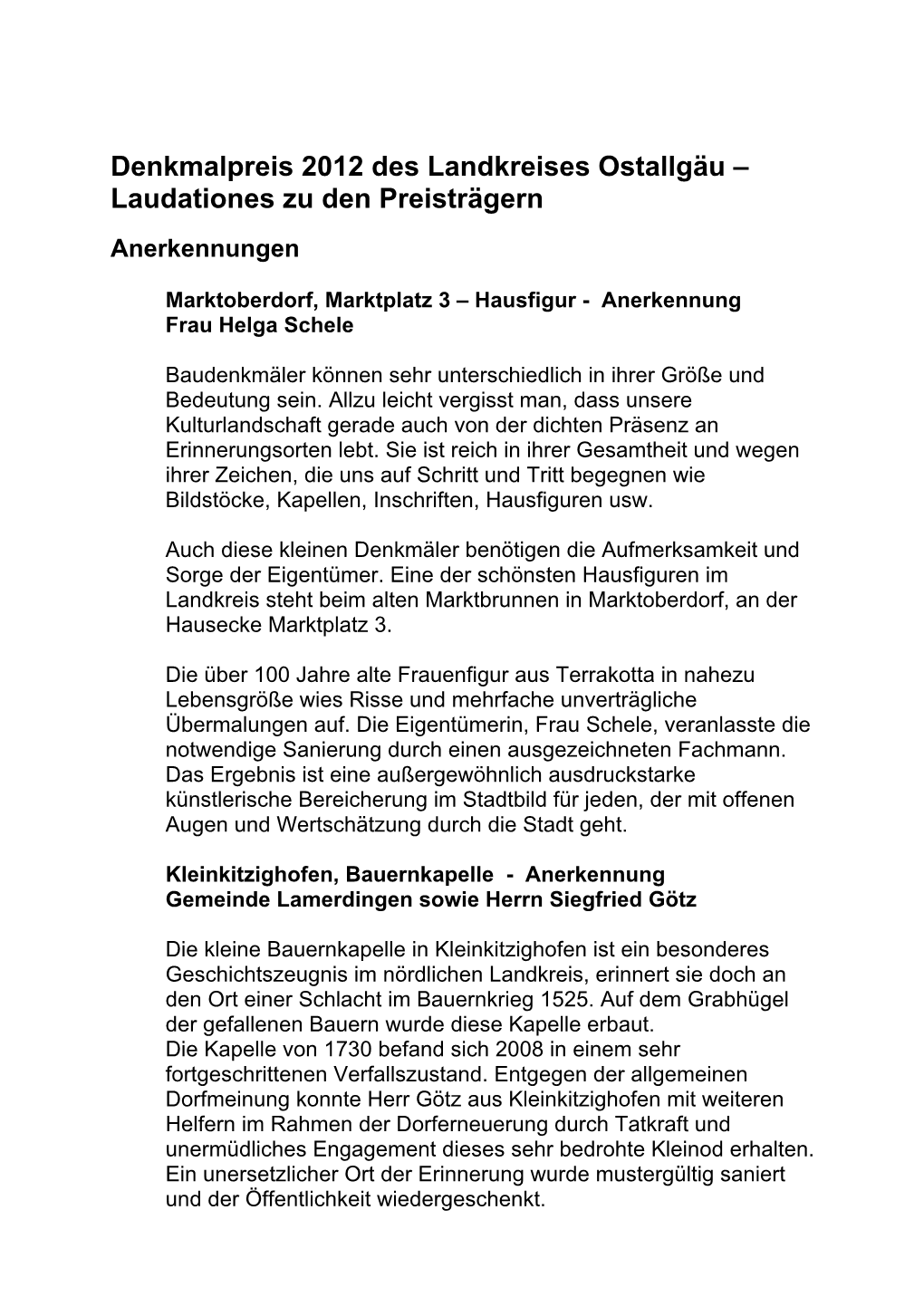 Denkmalpreis 2012 Des Landkreises Ostallgäu – Laudationes Zu Den Preisträgern