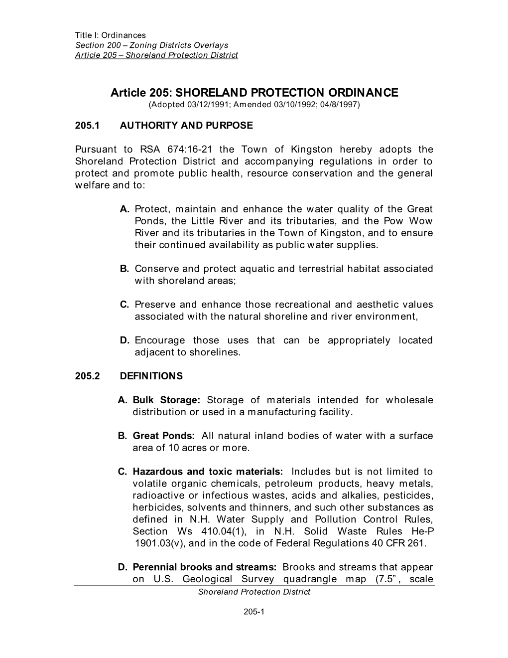 Article 205: SHORELAND PROTECTION ORDINANCE (Adopted 03/12/1991; Amended 03/10/1992; 04/8/1997)