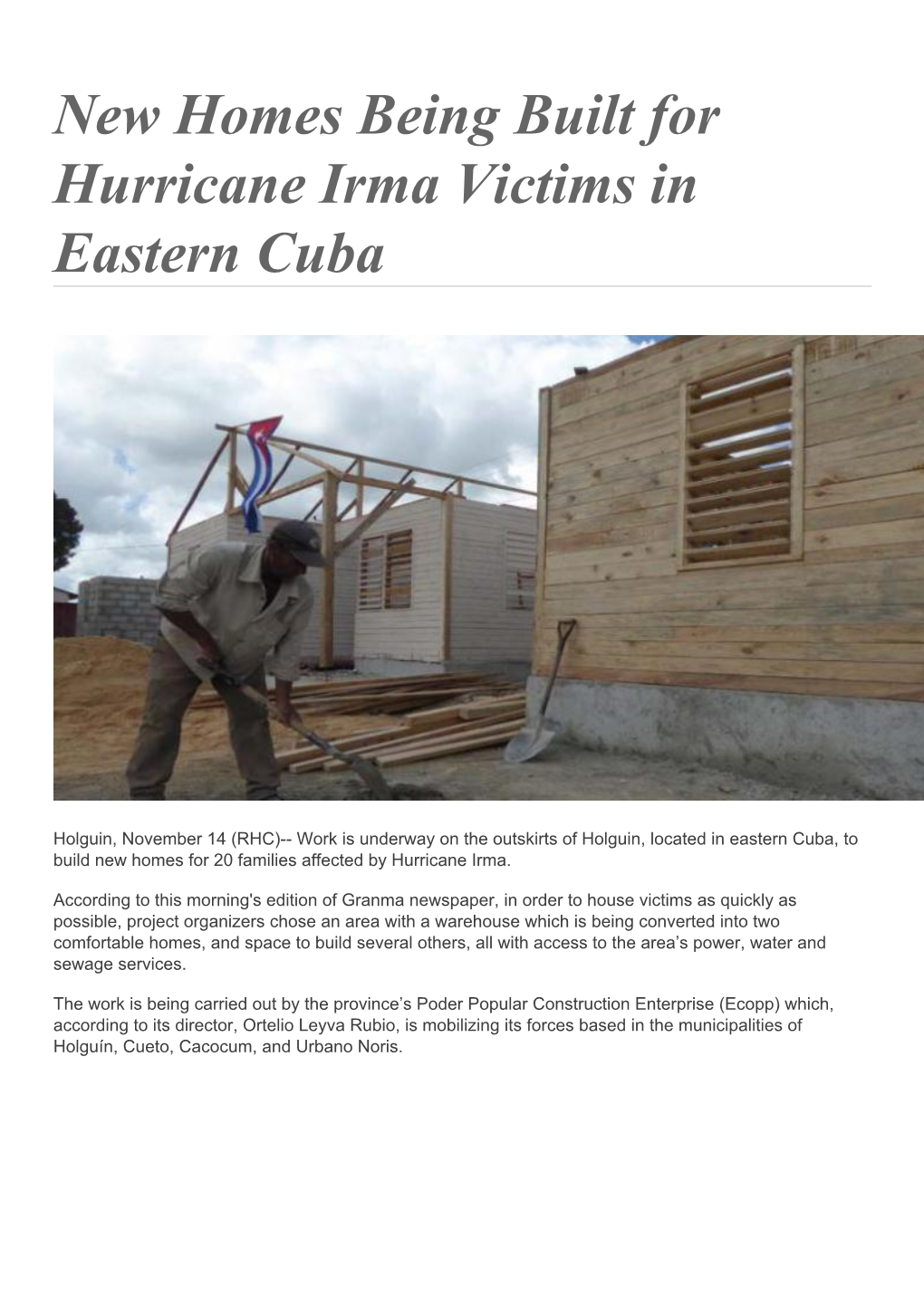 New Homes Being Built for Hurricane Irma Victims in Eastern Cuba