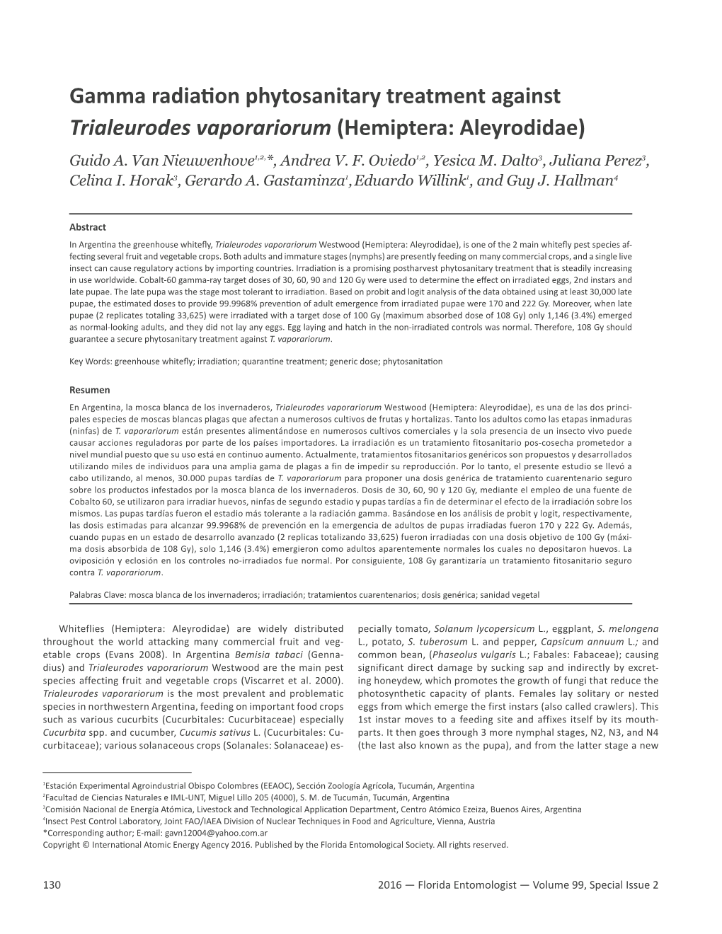 Gamma Radiation Phytosanitary Treatment Against Trialeurodes Vaporariorum (Hemiptera: Aleyrodidae) Guido A