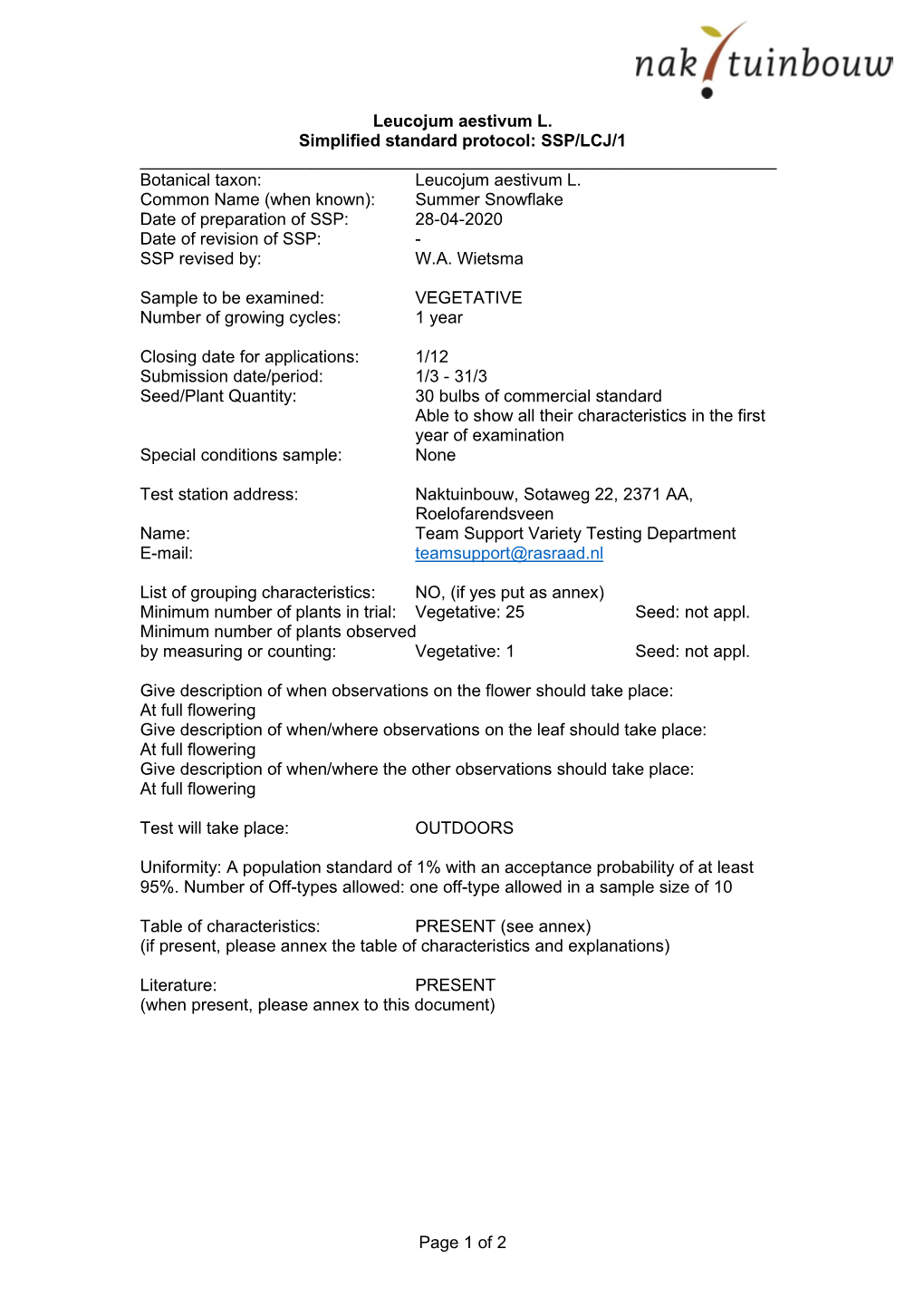 Of 2 Leucojum Aestivum L. Simplified Standard Protocol: SSP/LCJ/1