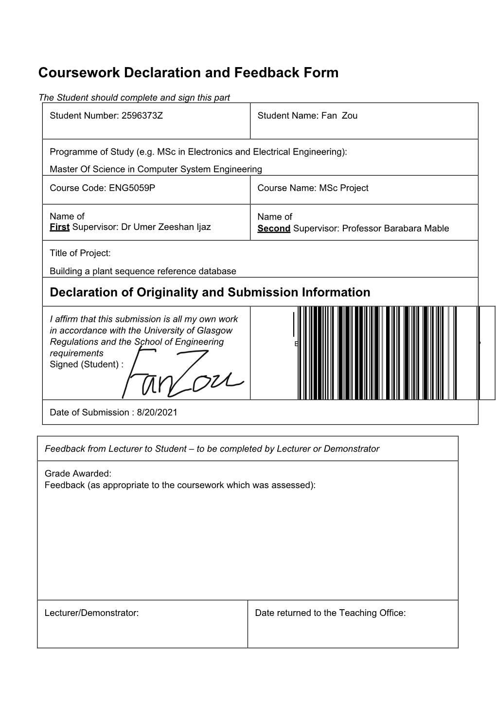 Building a Plant Sequence Reference Database Declaration of Originality and Submission Information