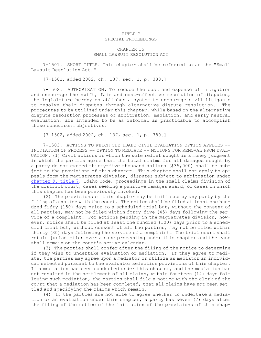 Title 7 Special Proceedings Chapter 15 Small Lawsuit