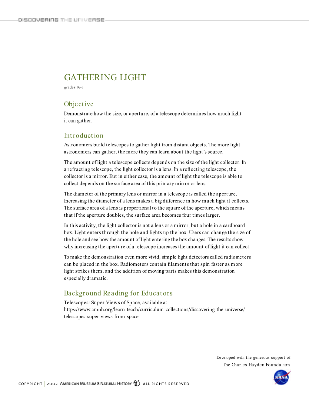 GATHERING LIGHT Grades K–8