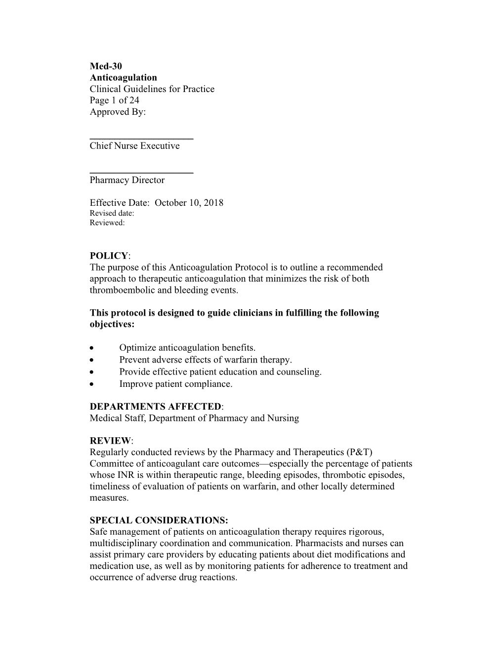 Med-30 Anticoagulation Clinical Guidelines for Practice Page 1 of 24 Approved By