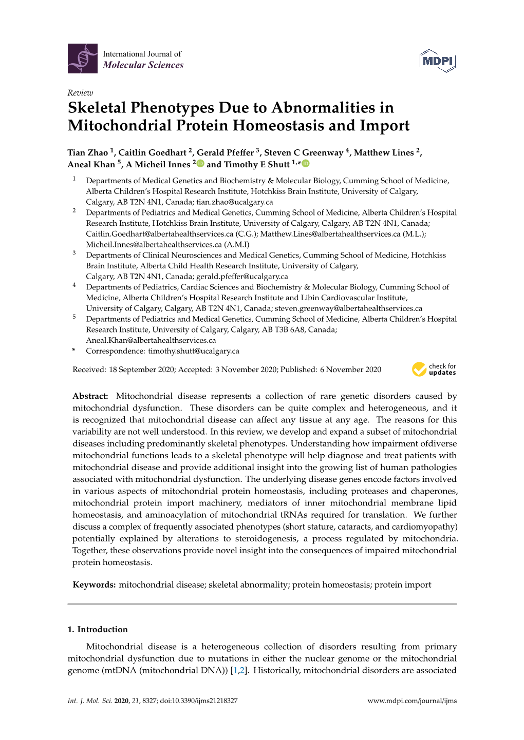 Skeletal Phenotypes Due to Abnormalities in Mitochondrial Protein Homeostasis and Import