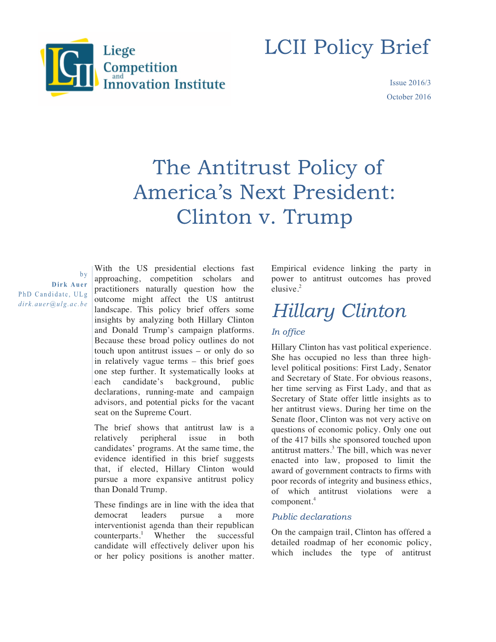 LCII Policy Brief the Antitrust Policy of America's Next President: Clinton V