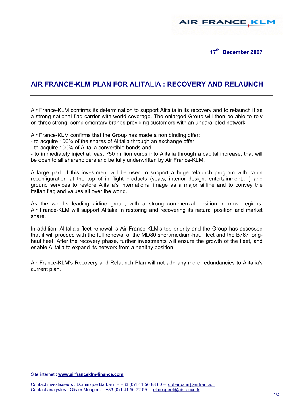 Air France-Klm Plan for Alitalia : Recovery and Relaunch