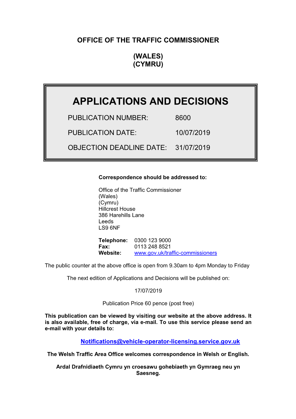 Applications and Decisions for Wales
