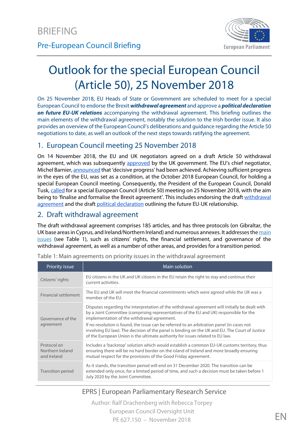 Outlook for the Special European Council (Article 50), 25 November