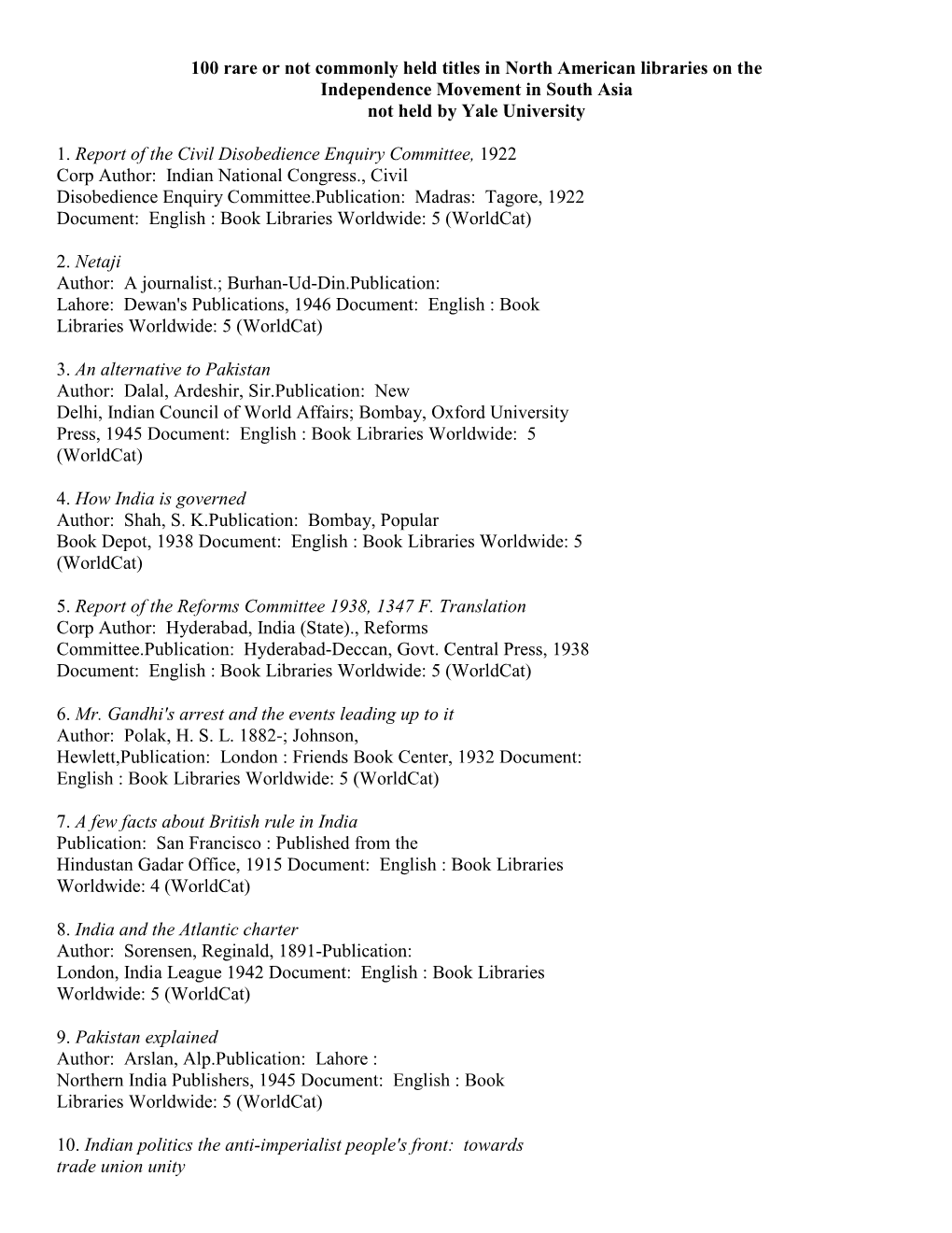 100 Rare Or Not Commonly Held Titles in North American Libraries on the Independence Movement in South Asia Not Held by Yale University