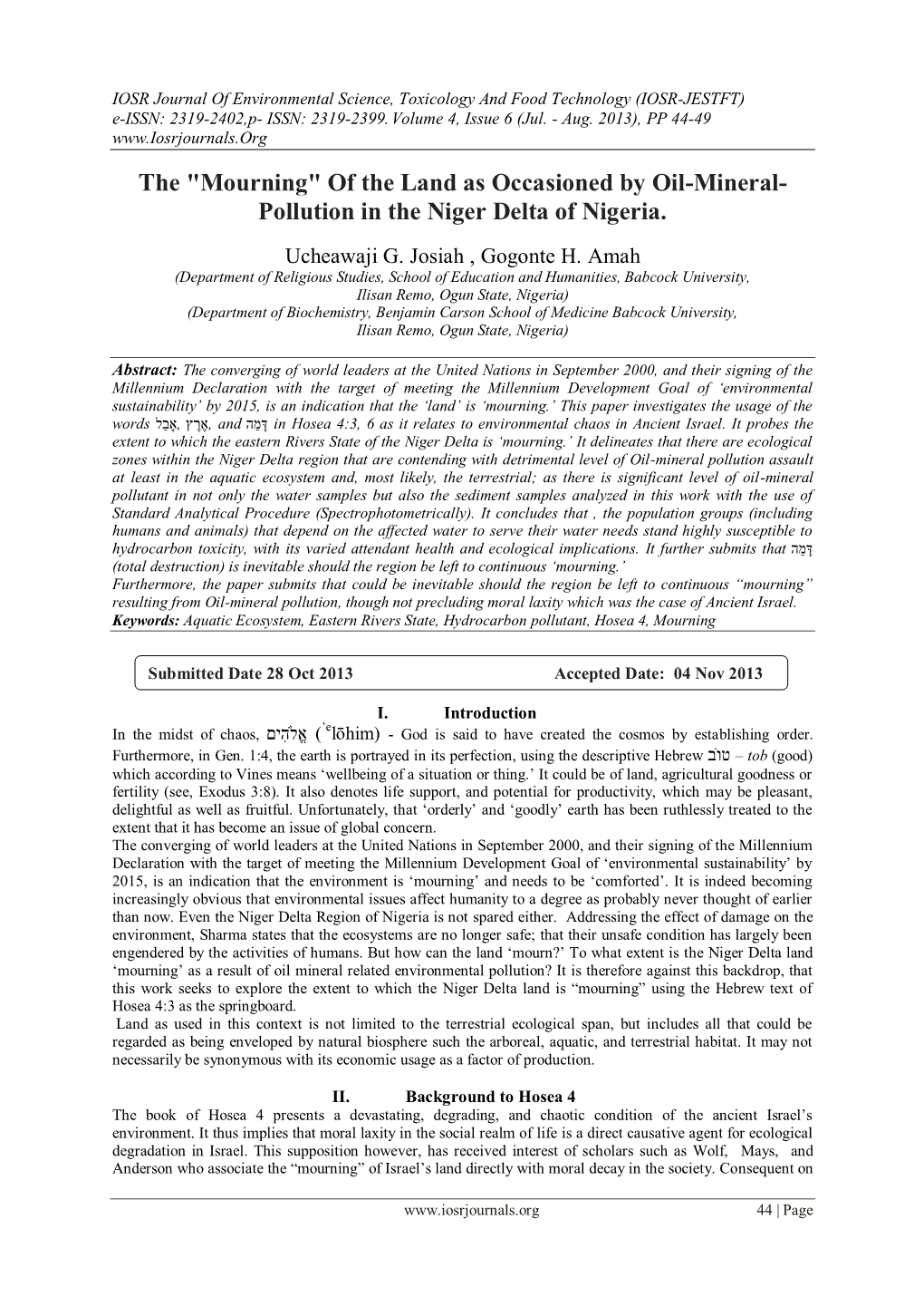 Vis-À-Vis Oil-Mineral- Pollution in the Niger Delta of Nigeria