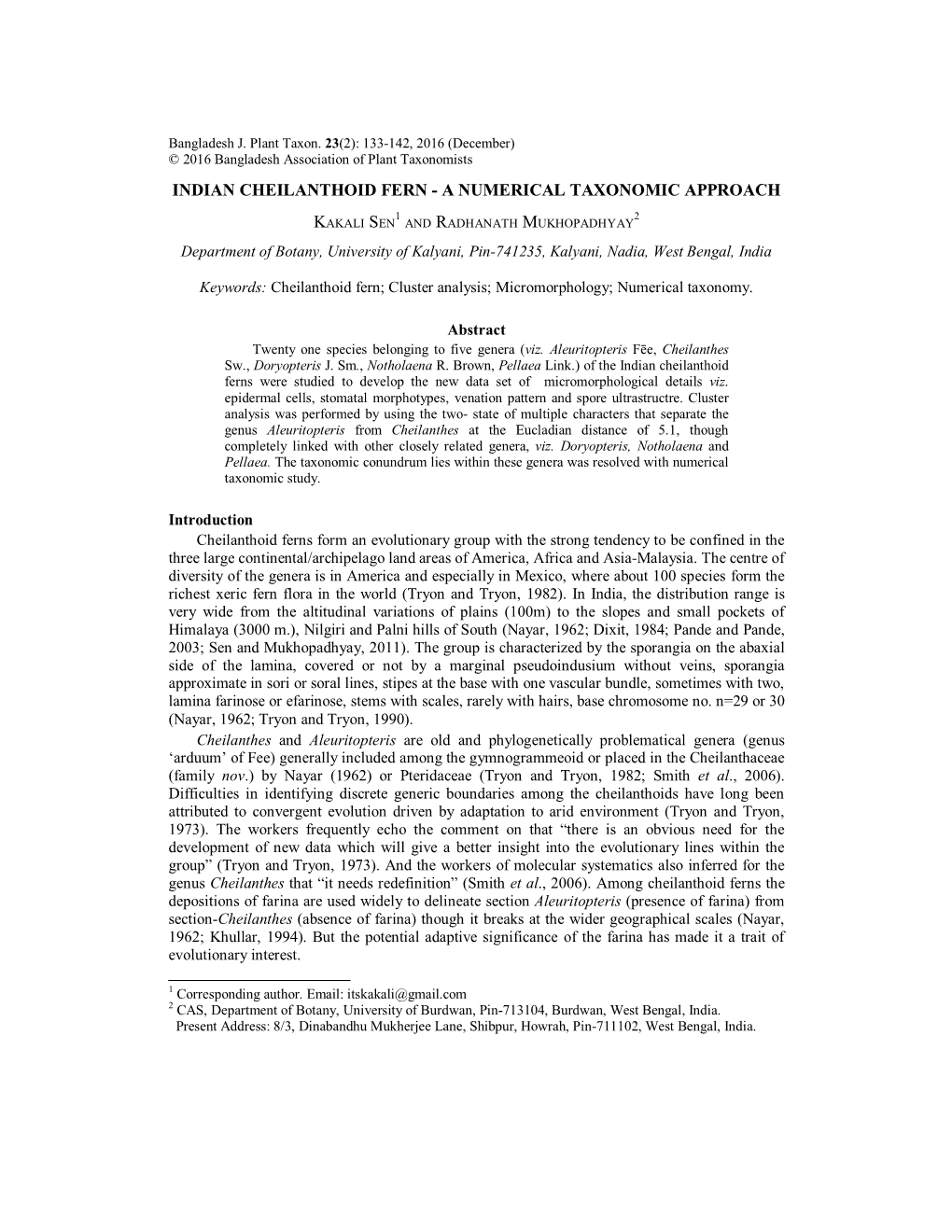 Indian Cheilanthoid Fern - a Numerical Taxonomic Approach