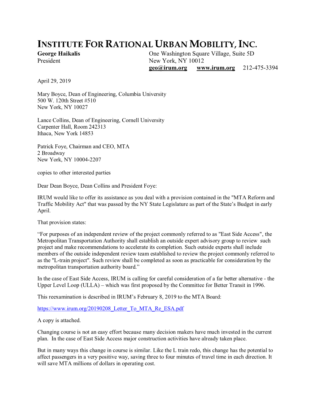 Letter to East Side Access Review