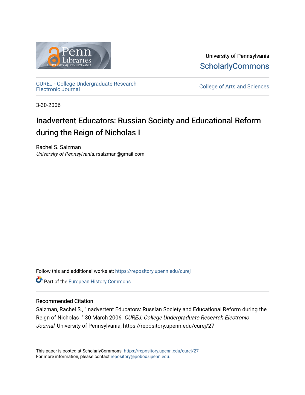 Russian Society and Educational Reform During the Reign of Nicholas I