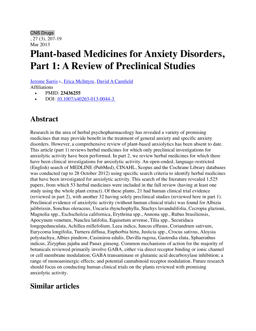 Plant-Based Medicines for Anxiety Disorders, Part 1: a Review of Preclinical Studies