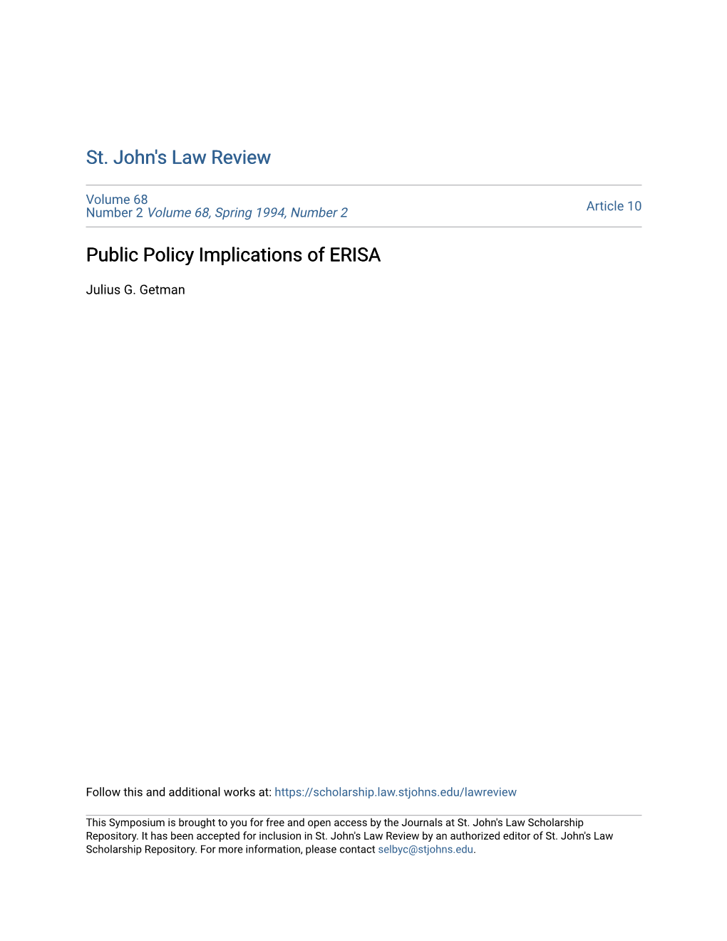 Public Policy Implications of ERISA