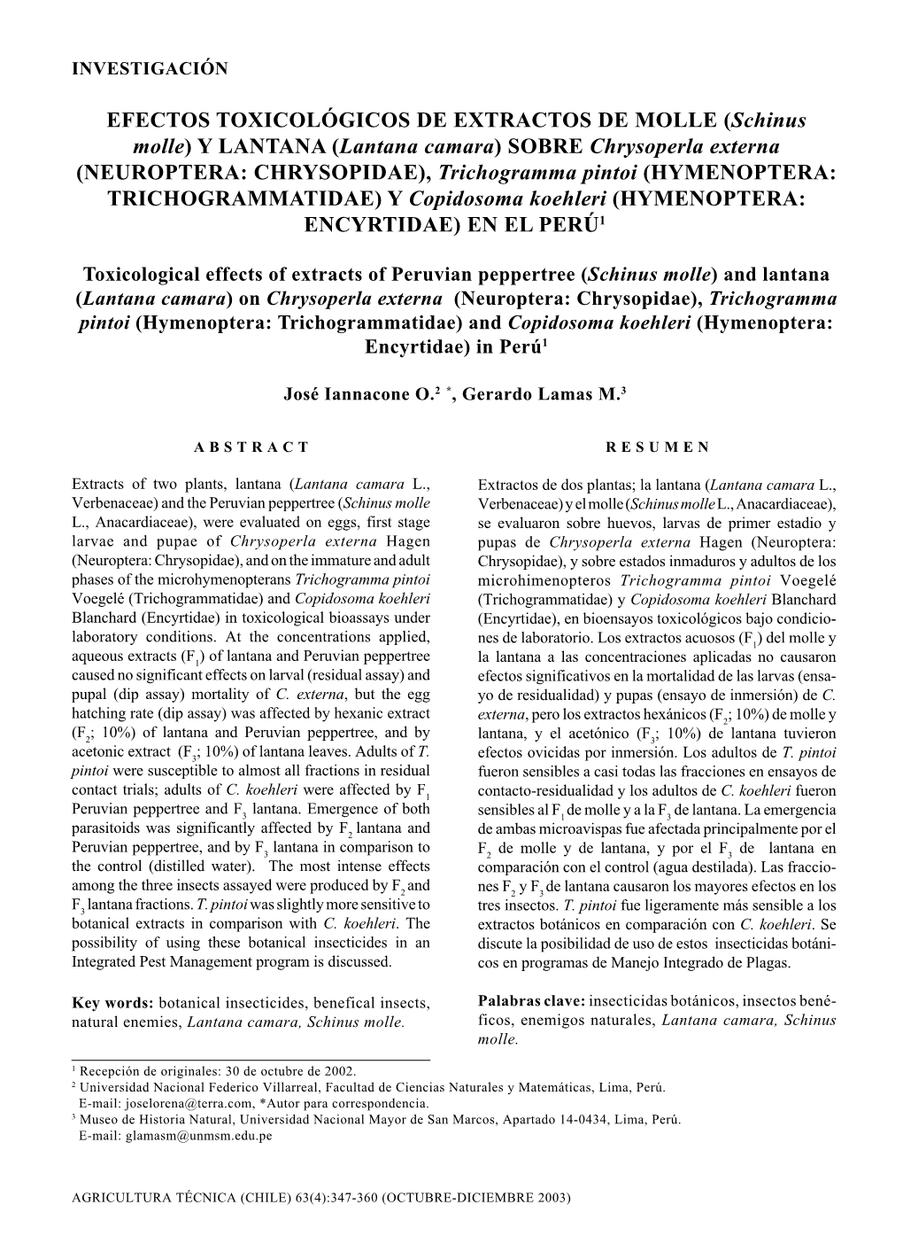 EFECTOS TOXICOLÓGICOS DE EXTRACTOS DE MOLLE (Schinus