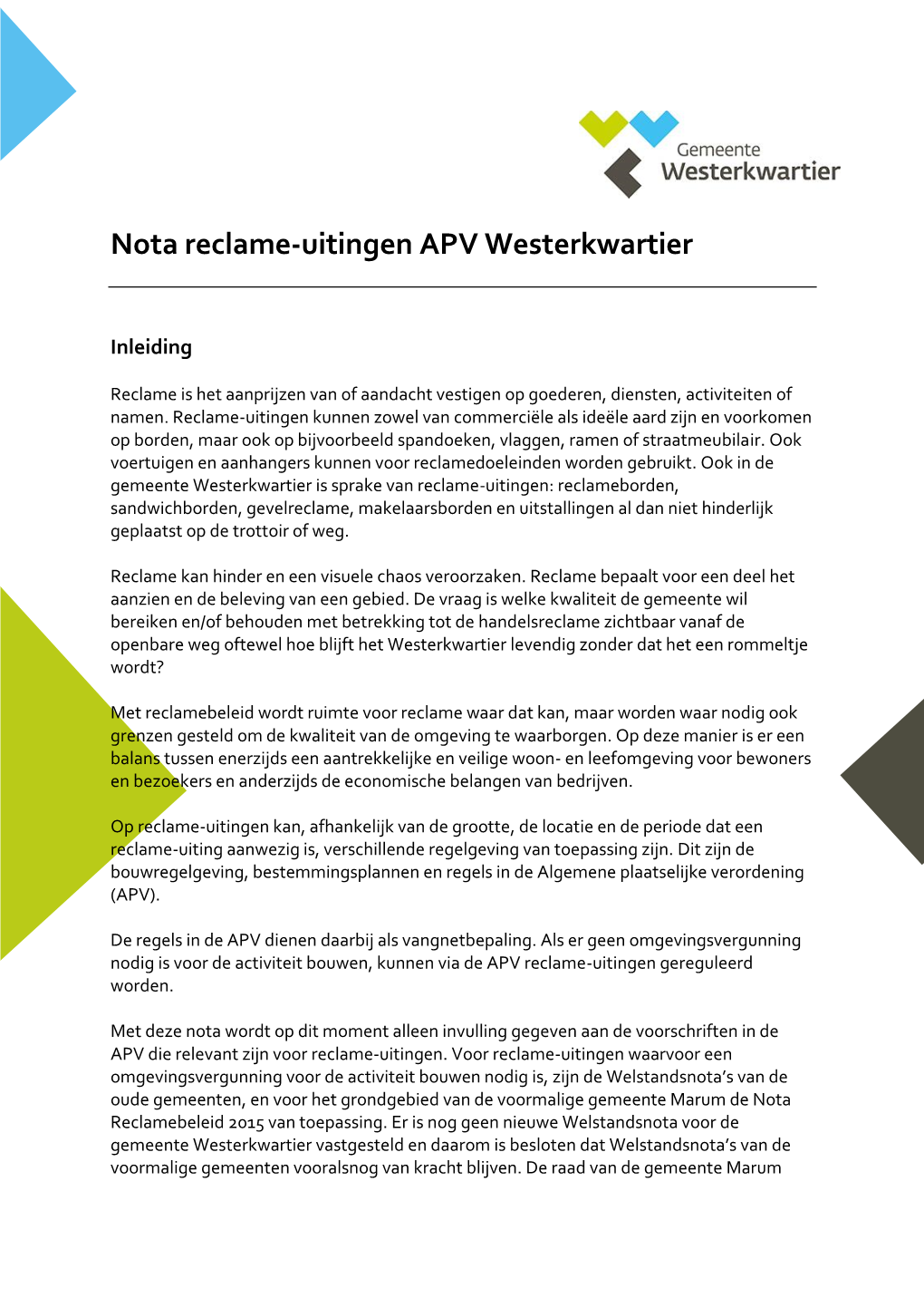 Nota Reclame-Uitingen APV Westerkwartier