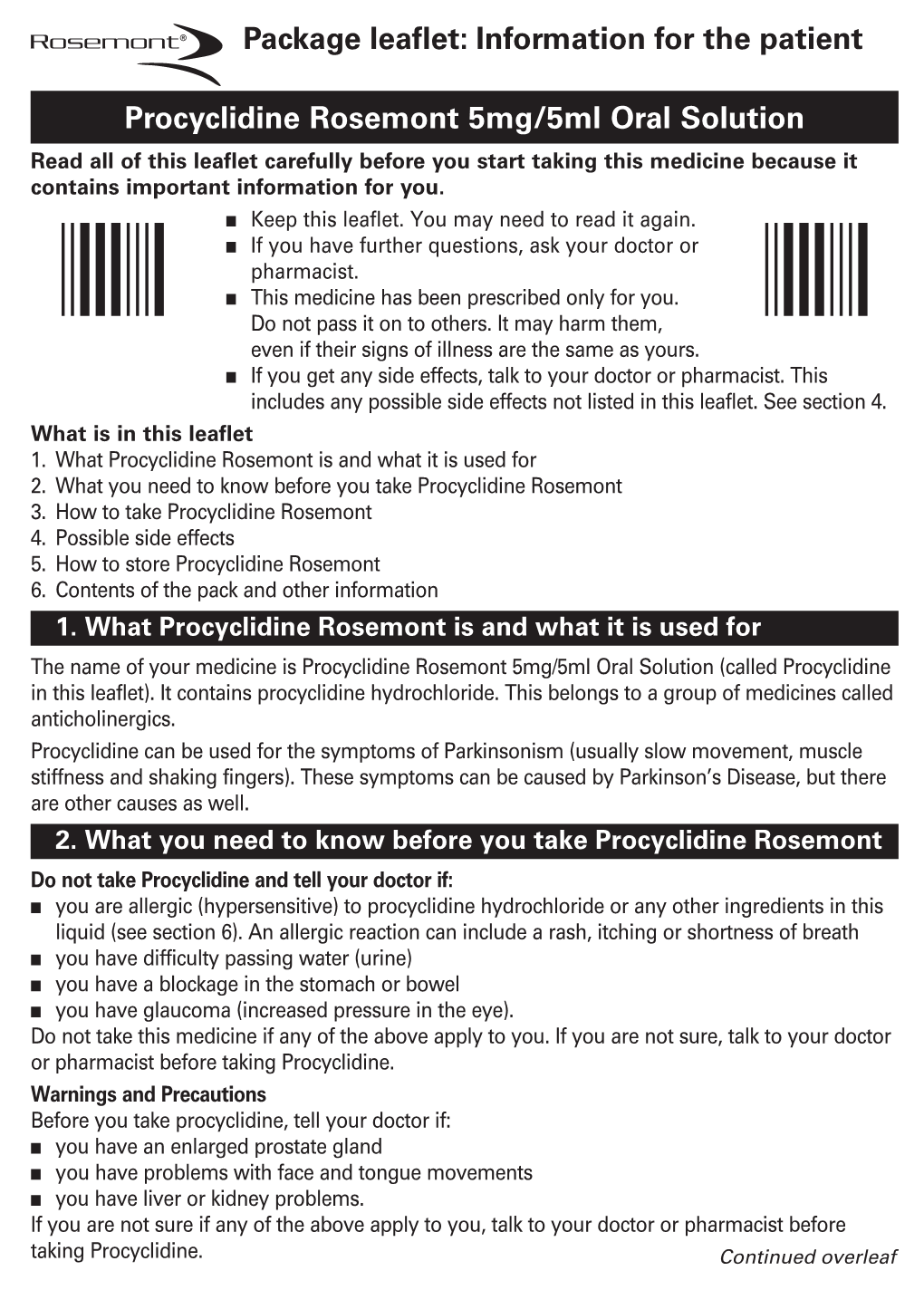 Package Leaflet: Information for the Patient Procyclidine Rosemont 5Mg