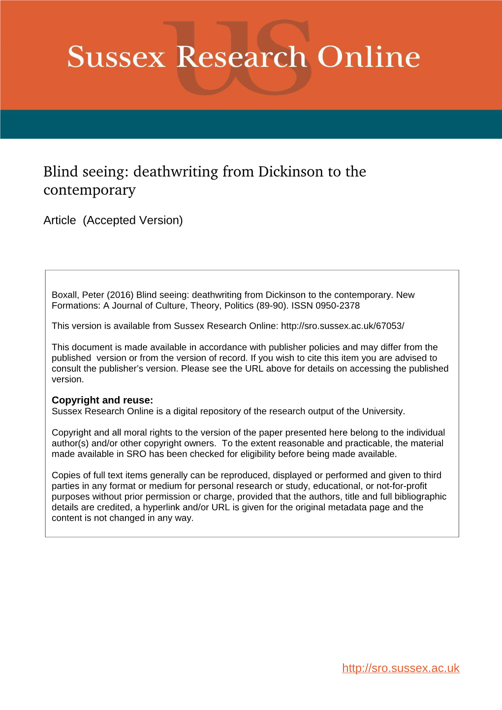 Blind Seeing: Deathwriting from Dickinson to the Contemporary