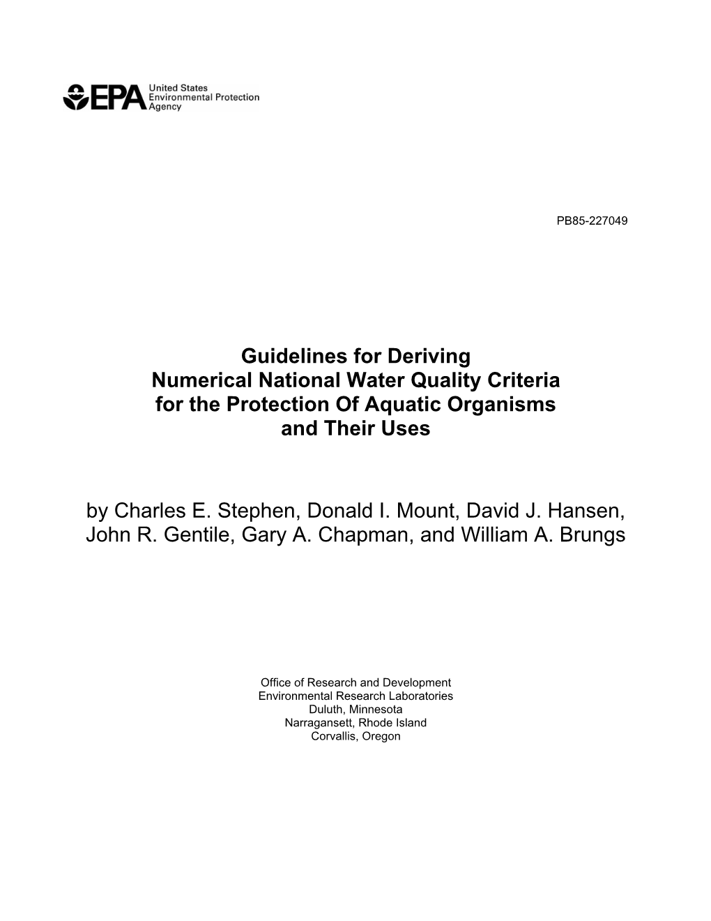 Guideline for Deriving Numerical National Water Quality Criteria For