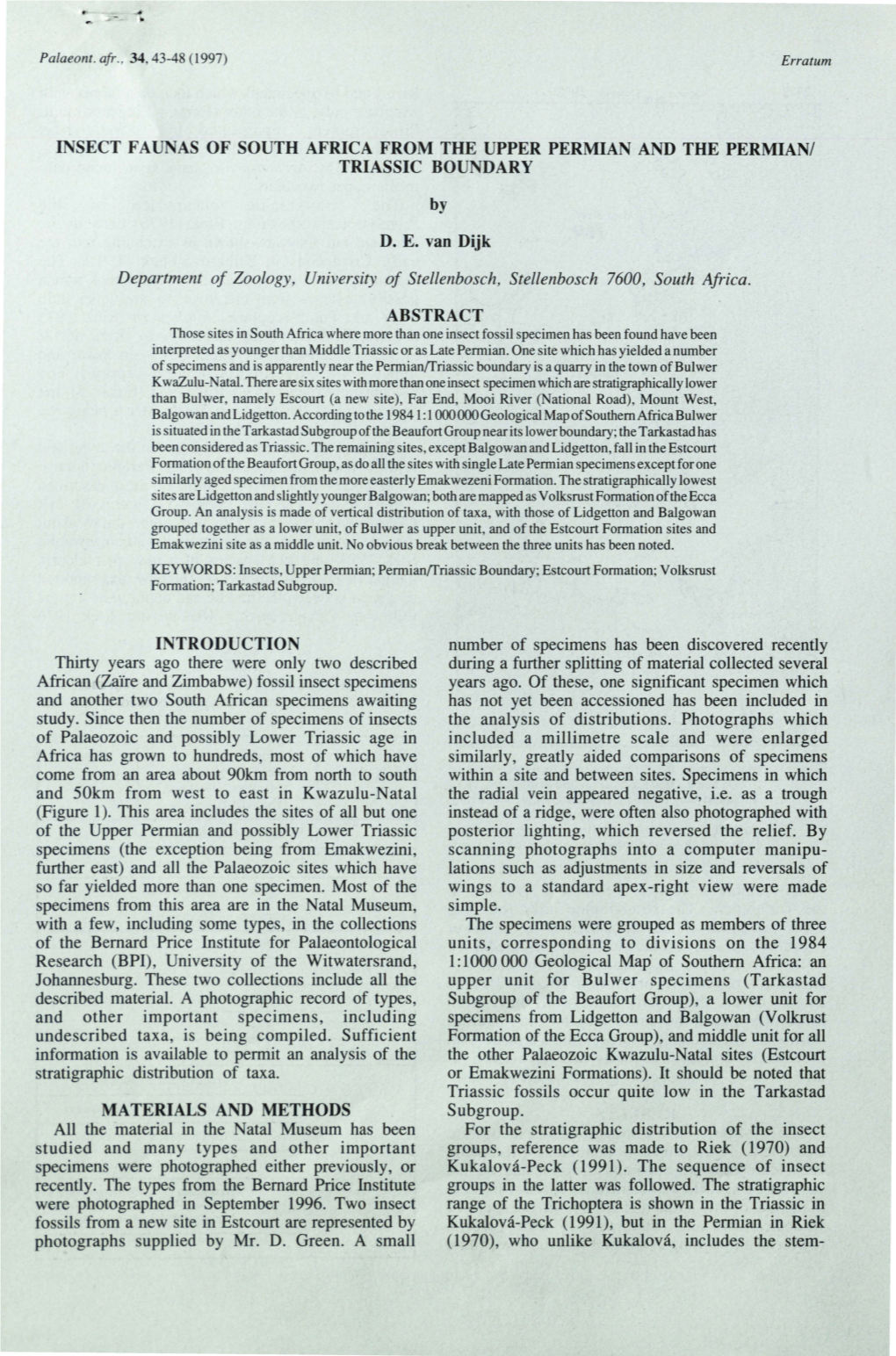 INSECT FAUNAS of SOUTH AFRICA from the UPPER PERMIAN and the PERMIAN/ TRIASSIC BOUNDARY By