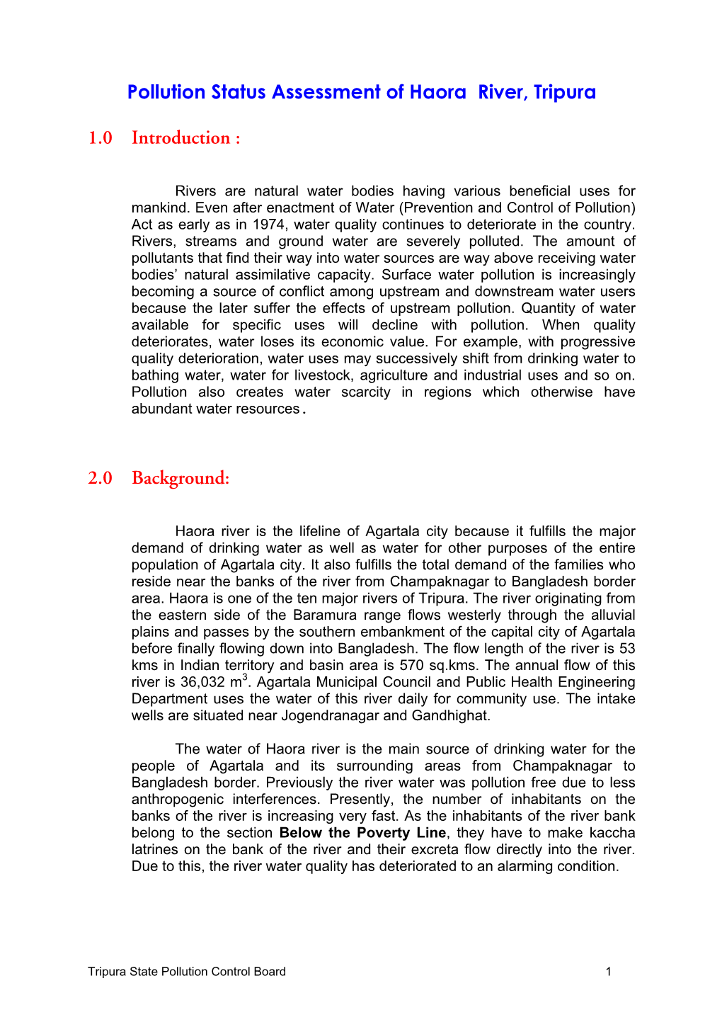 Pollution Status Assessment of Haora River, Tripura 1.0 Introduction