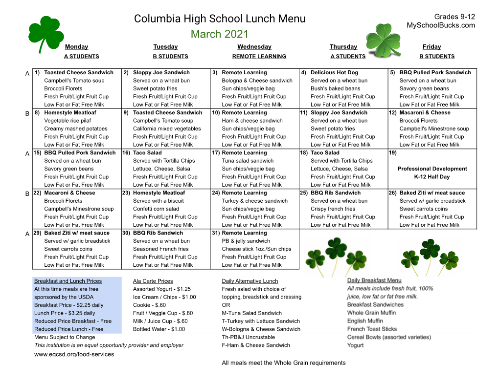 Columbia High School Lunch Menu
