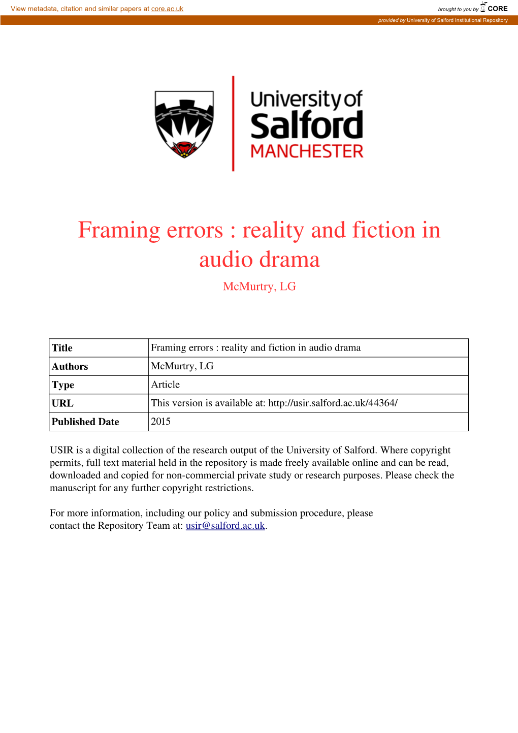 Framing Errors : Reality and Fiction in Audio Drama Mcmurtry, LG