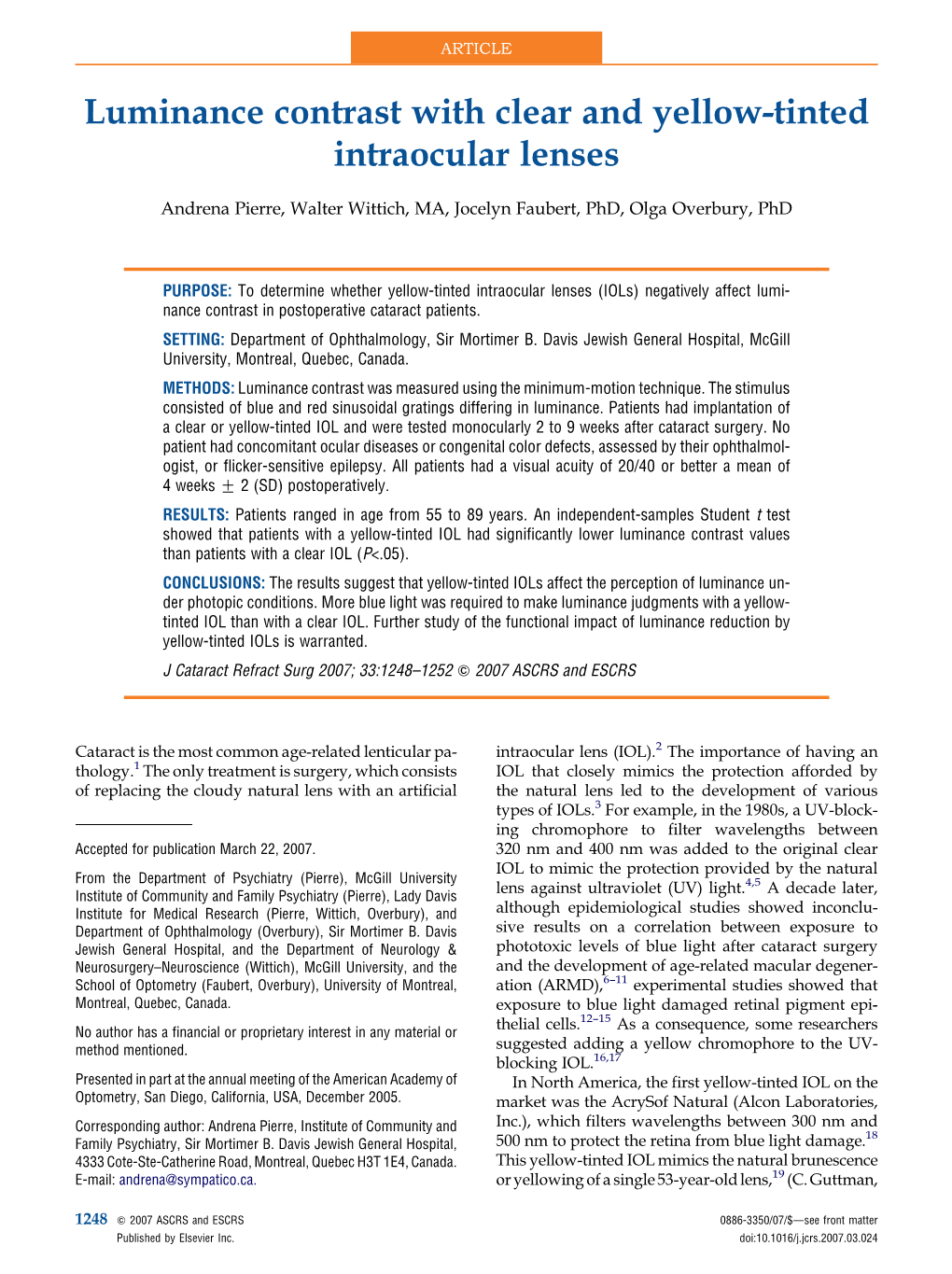 Luminance Contrast with Clear and Yellow-Tinted Intraocular Lenses