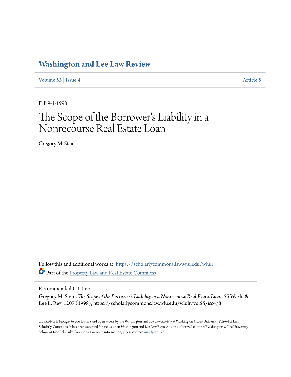The Scope of the Borrower's Liability in a Nonrecourse Real Estate Loan, 55 Wash