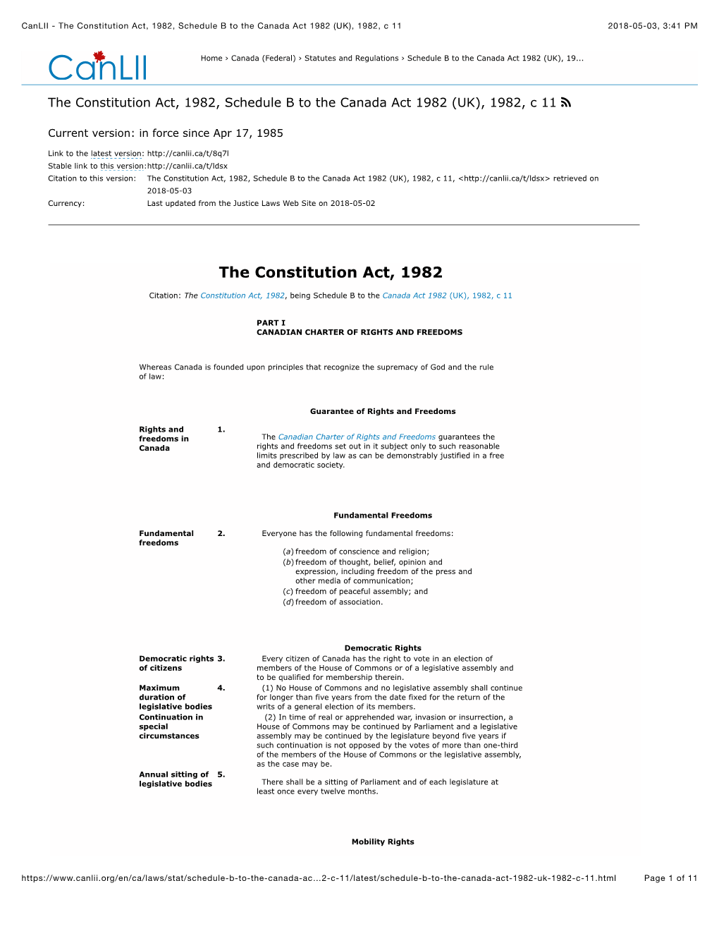 Canlii - the Constitution Act, 1982, Schedule B to the Canada Act 1982 (UK), 1982, C 11 2018-05-03, 3:41 PM