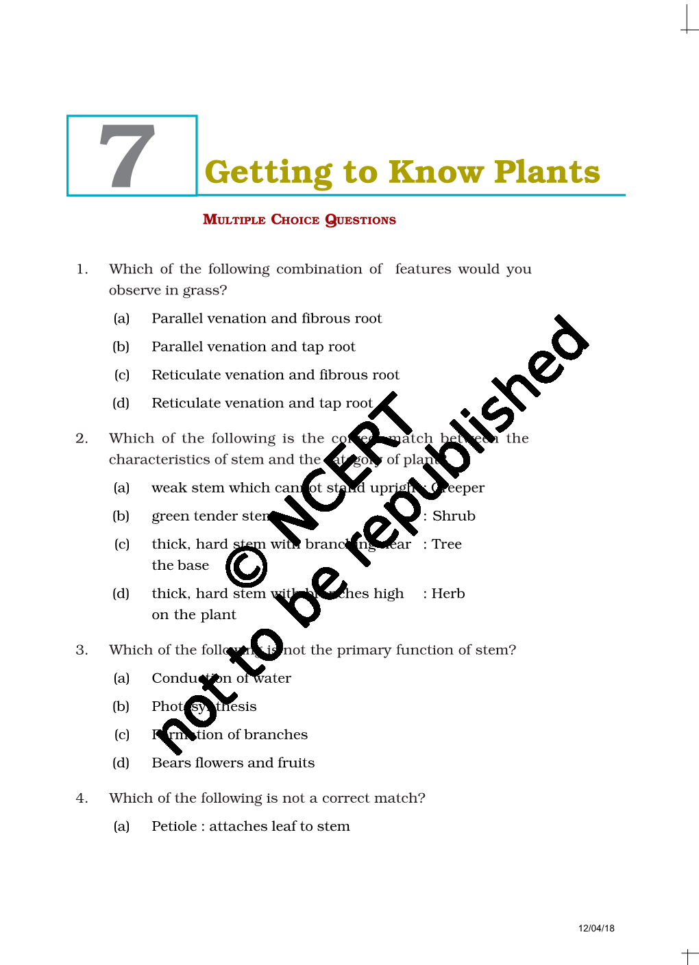 Getting to Know Plants MULTIPLE CHOICE QUESTIONS