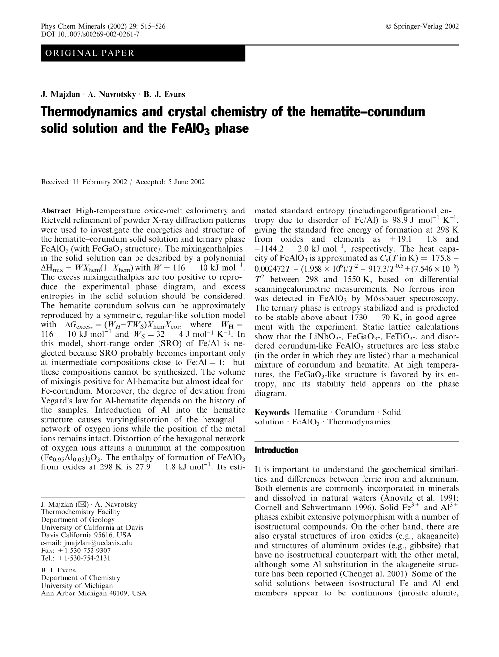 Thermodynamics and Crystal Chemistry of the Hematite–Corundum Solid Solution and the Fealo3 Phase