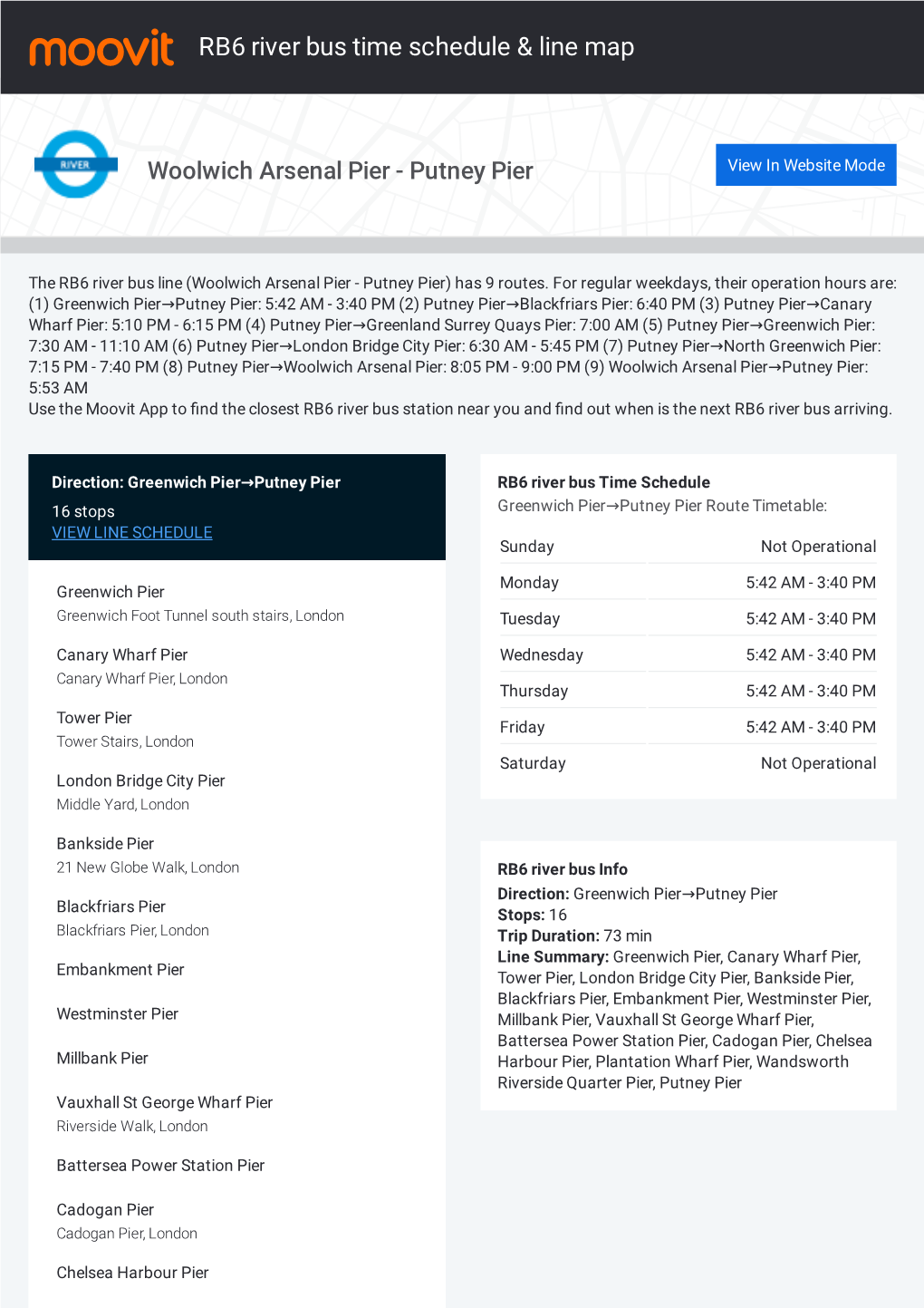 RB6 River Bus Time Schedule & Line Route