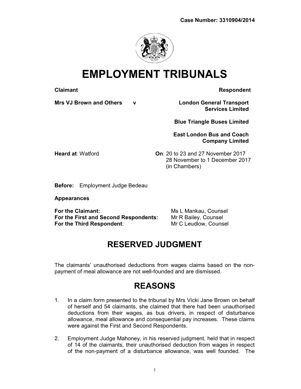 Mrs VJ Brown and Others V London General Transport Services Ltd and Others
