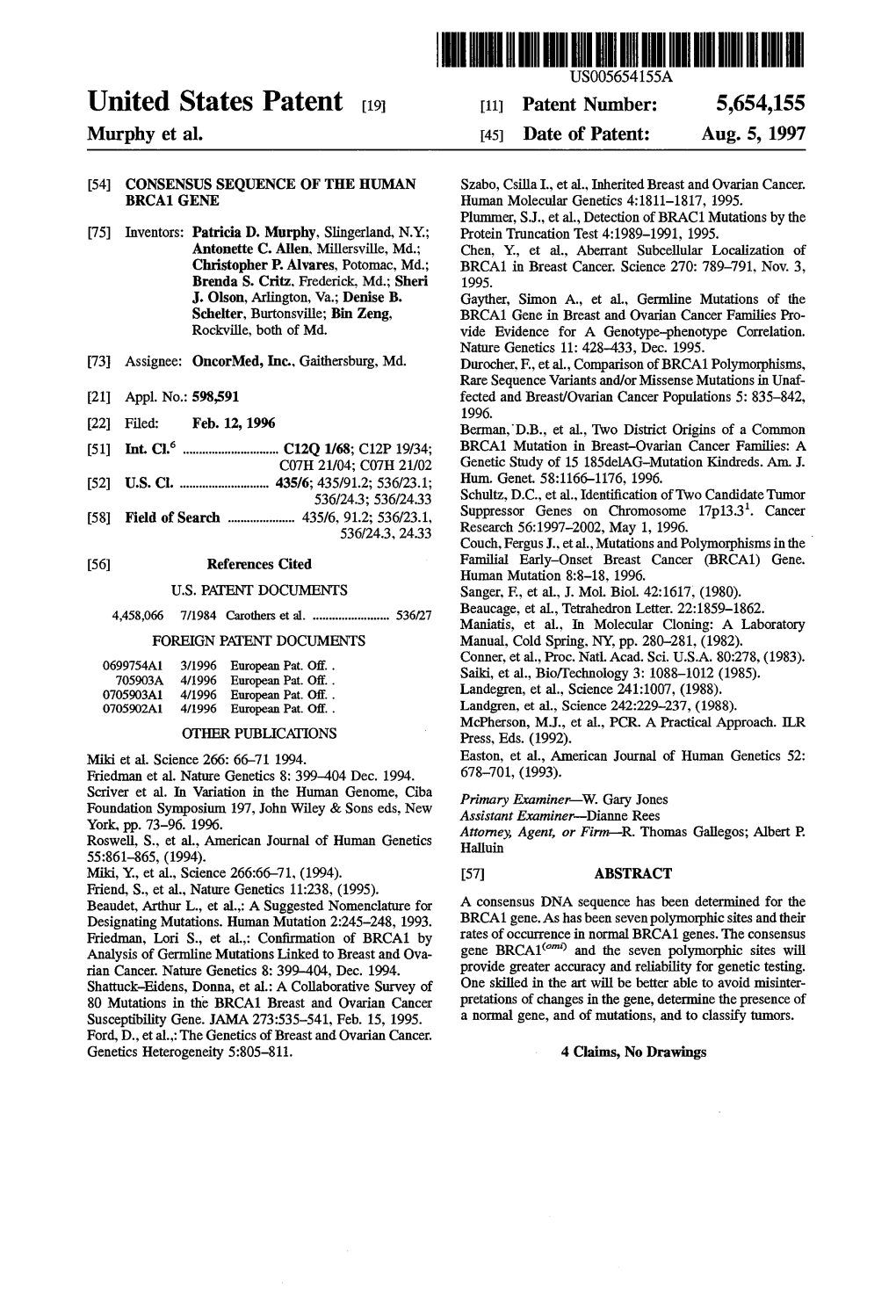 United States Patent (19) 11 Patent Number: 5,654,155 Murphy Et Al