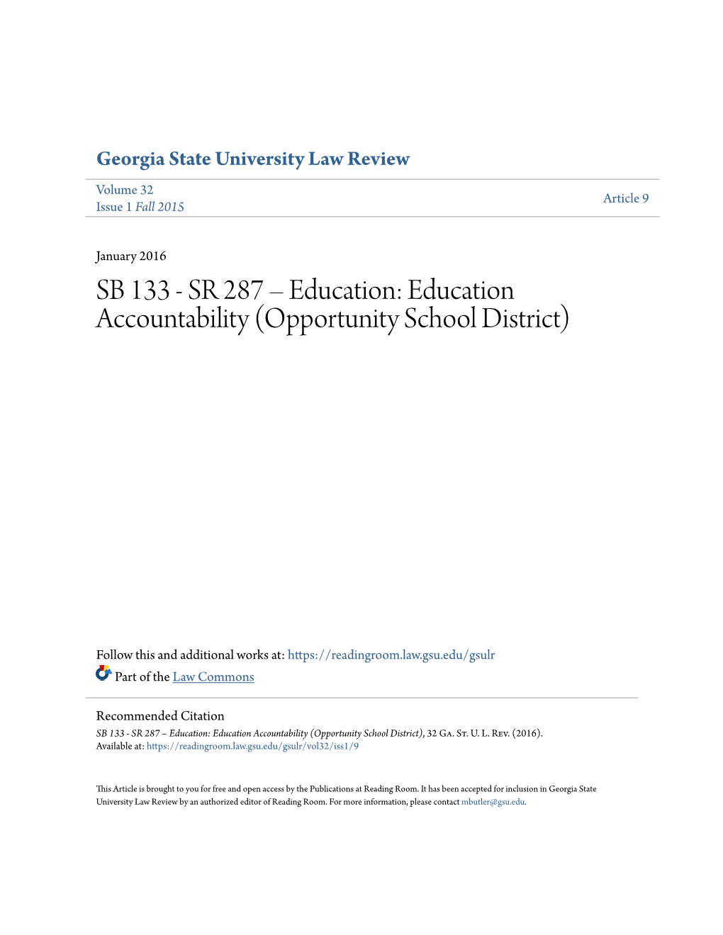 SB 133 - SR 287 – Education: Education Accountability (Opportunity School District)