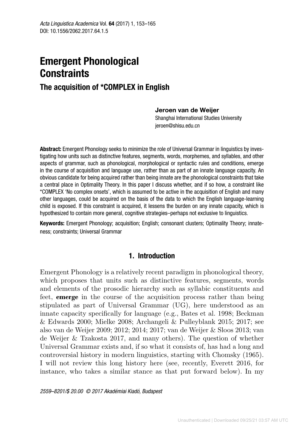 Emergent Phonological Constraints the Acquisition of *COMPLEX in English