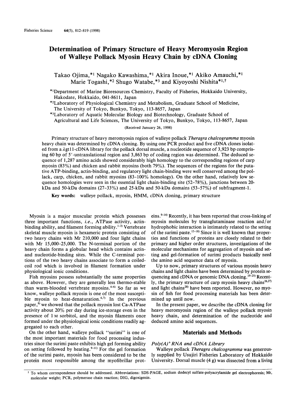 Determination of Primary Structure of Heavy Meromyosin Region of Walleye Pollack Myosin Heavy Chain by Cdna Cloning